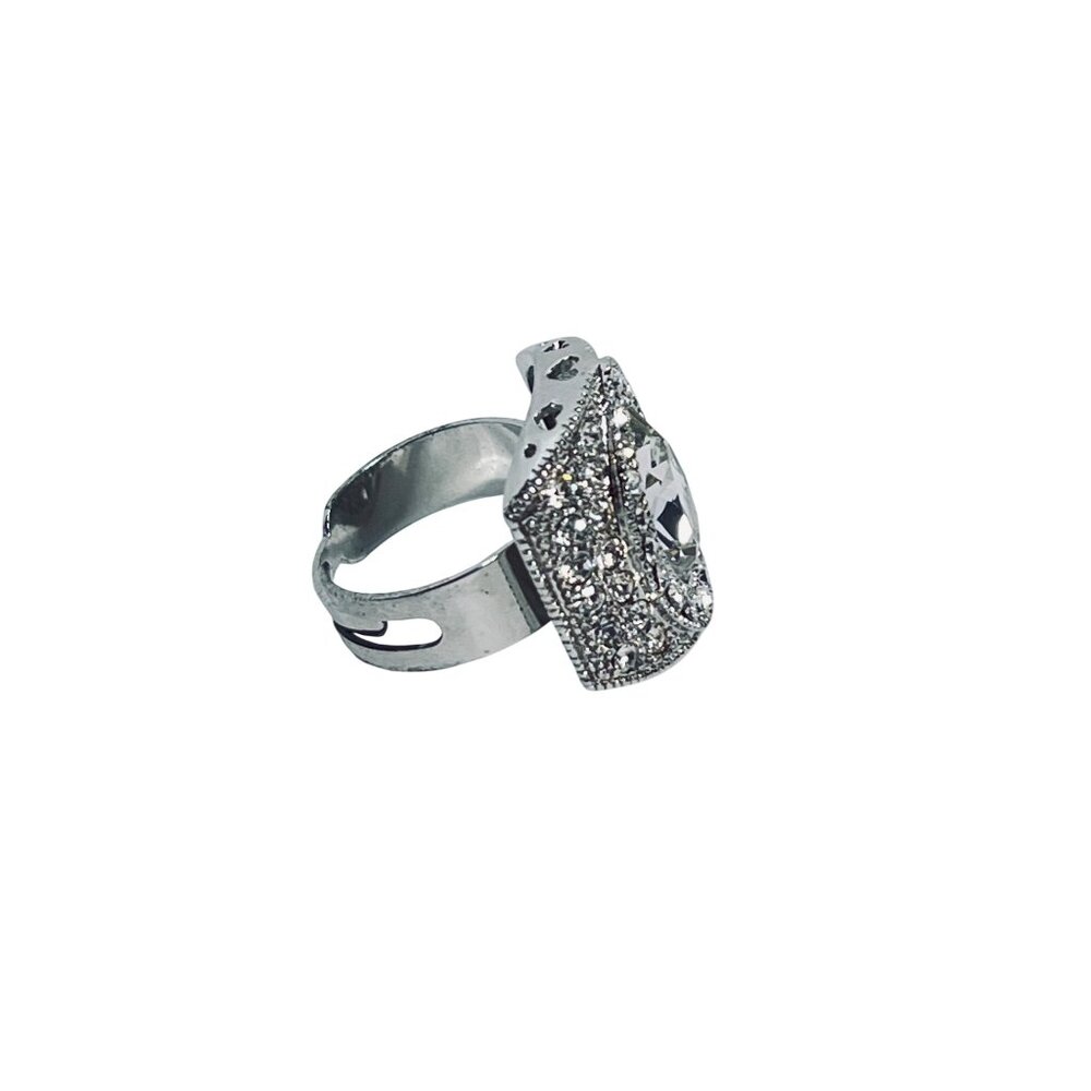 Silver Tone Tear Drop Clear Rhinestone Adjustable Statement Ring (R468) - Picture 2 of 6